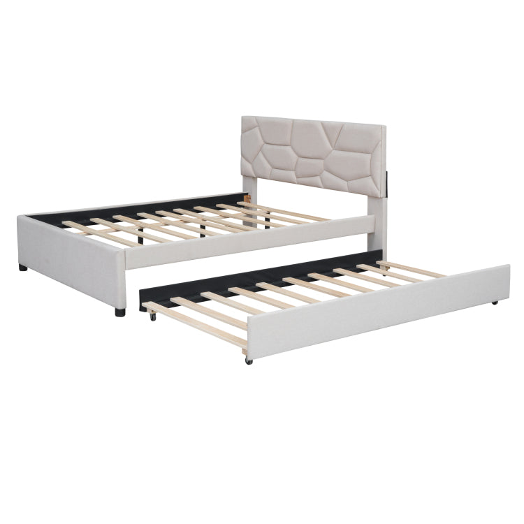 Full Size Upholstered Platform Bed With Brick Pattern Headboard And Twin Size Trundle, Linen Fabric, Beige