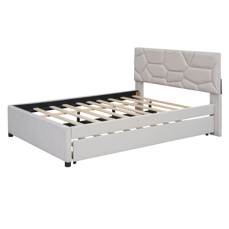 Full Size Upholstered Platform Bed With Brick Pattern Headboard And Twin Size Trundle, Linen Fabric, Beige
