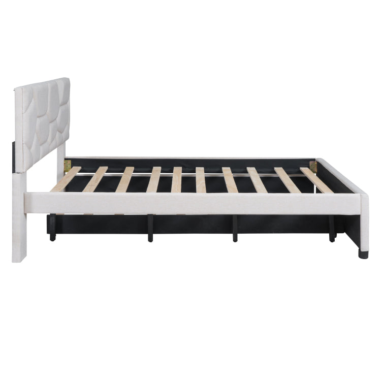 Full Size Upholstered Platform Bed With Brick Pattern Headboard And Twin Size Trundle, Linen Fabric, Beige