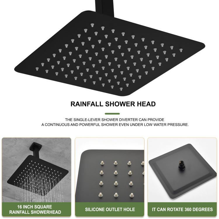 16 Inch Square Rain Shower Head Matte Black 304 Stainless Steel Showerhead