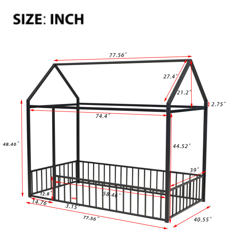 Twin Size Metal Bed House Bed Frame With Fence, For Kids, Teens, Girls, Boys, Black