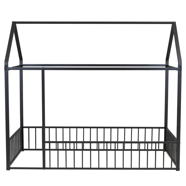 Twin Size Metal Bed House Bed Frame With Fence, For Kids, Teens, Girls, Boys, Black