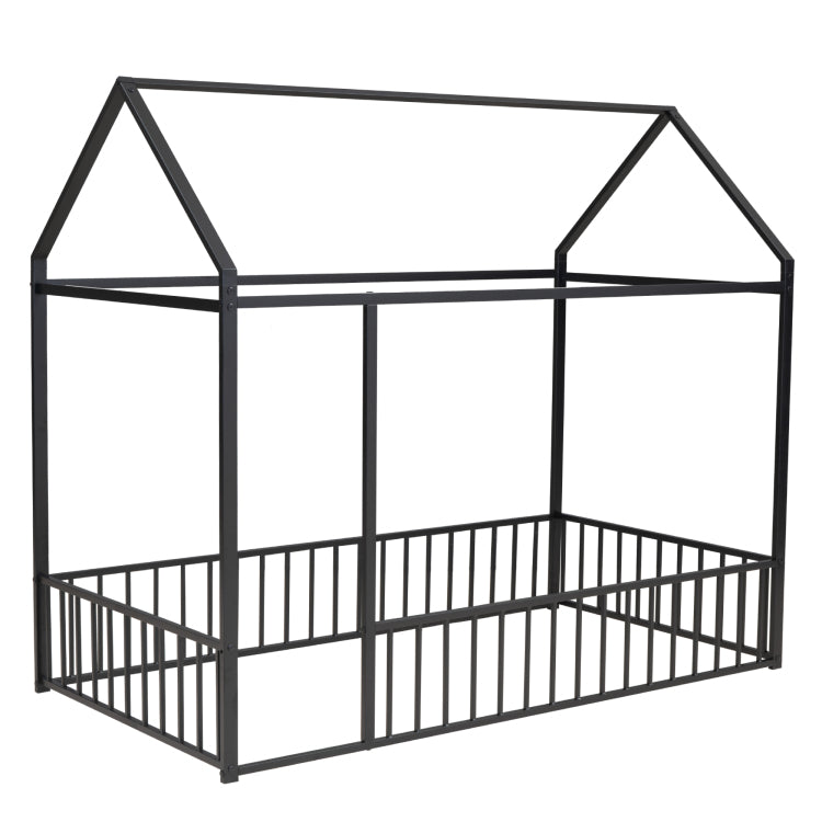 Twin Size Metal Bed House Bed Frame With Fence, For Kids, Teens, Girls, Boys, Black