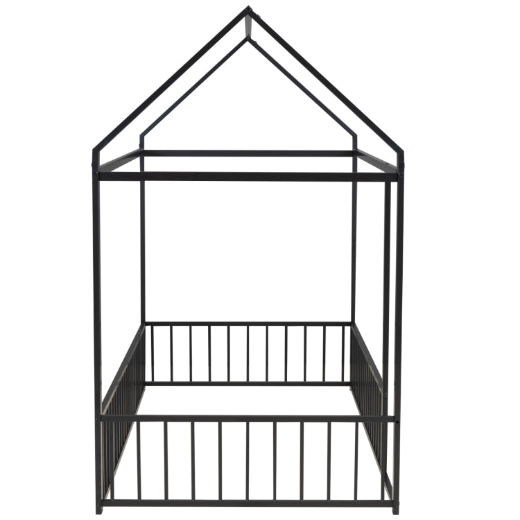 Twin Size Metal Bed House Bed Frame With Fence, For Kids, Teens, Girls, Boys, Black