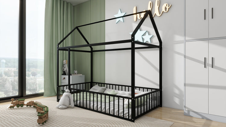 Twin Size Metal Bed House Bed Frame With Fence, For Kids, Teens, Girls, Boys, Black