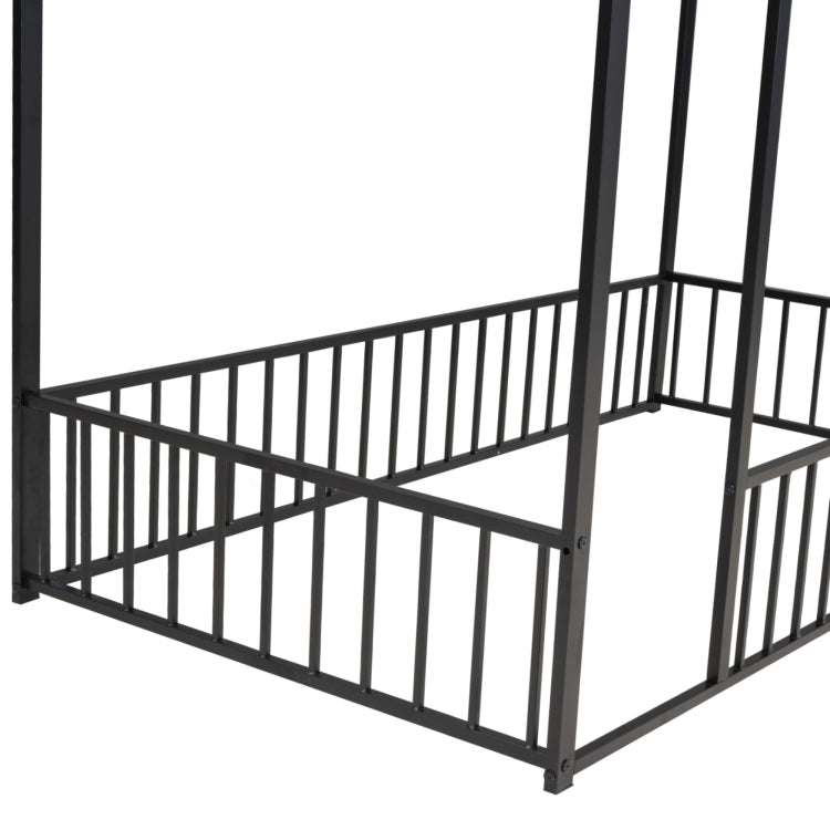 Twin Size Metal Bed House Bed Frame With Fence, For Kids, Teens, Girls, Boys, Black