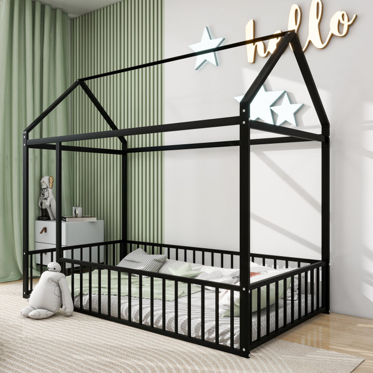 Twin Size Metal Bed House Bed Frame With Fence, For Kids, Teens, Girls, Boys, Black