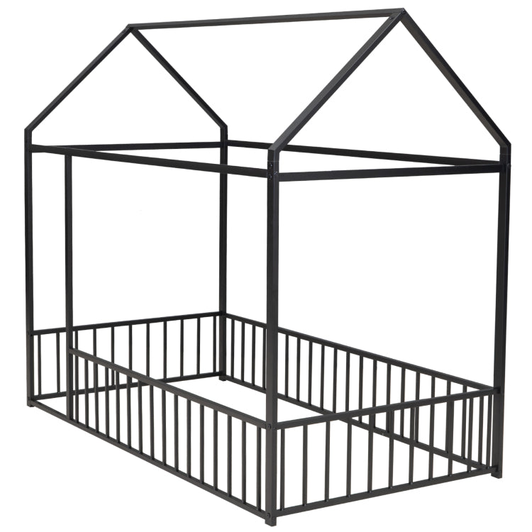 Twin Size Metal Bed House Bed Frame With Fence, For Kids, Teens, Girls, Boys, Black