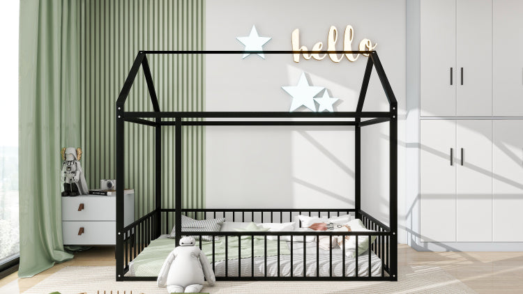 Twin Size Metal Bed House Bed Frame With Fence, For Kids, Teens, Girls, Boys, Black