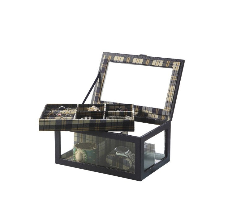 9.8" Long Tempered Glass And Leather Jewelry Case Watch Display, Blue