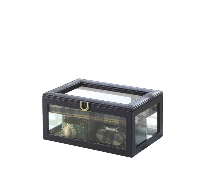 9.8" Long Tempered Glass And Leather Jewelry Case Watch Display, Blue