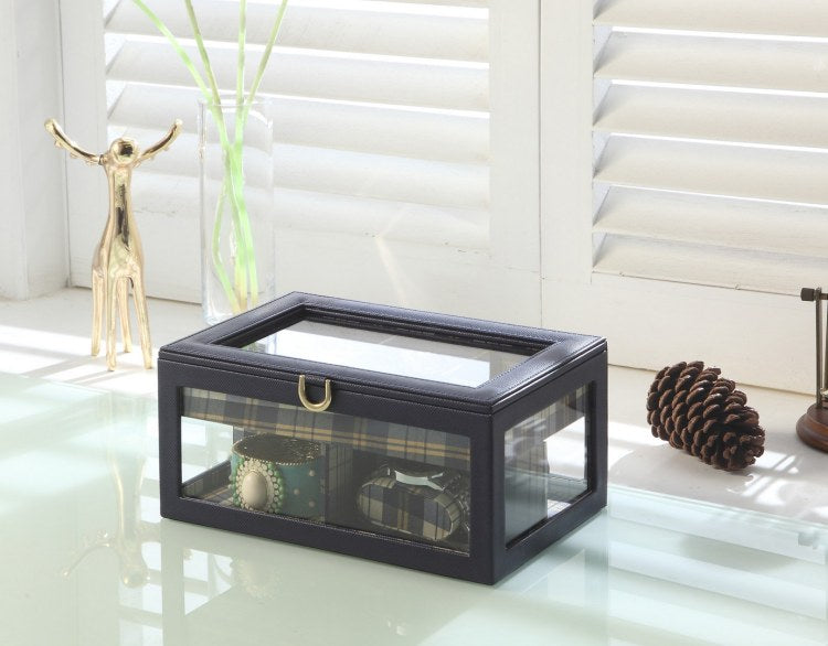 9.8" Long Tempered Glass And Leather Jewelry Case Watch Display, Blue