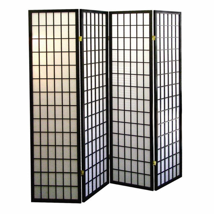 70" Tall 4 Panel Screen Room Divider, Japanese Style With Black Finish