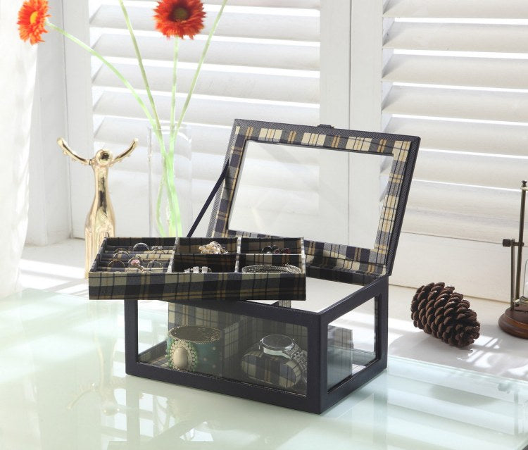 9.8" Long Tempered Glass And Leather Jewelry Case Watch Display, Blue