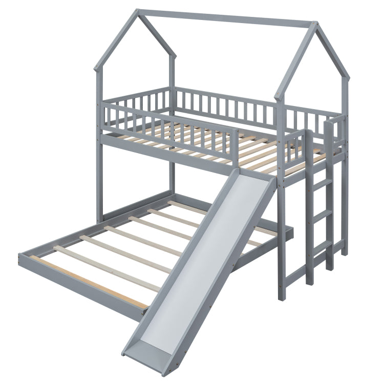 Twin Over Full House Bunk Bed With Slide And Built In Ladder, Full Length Guardrail, Gray