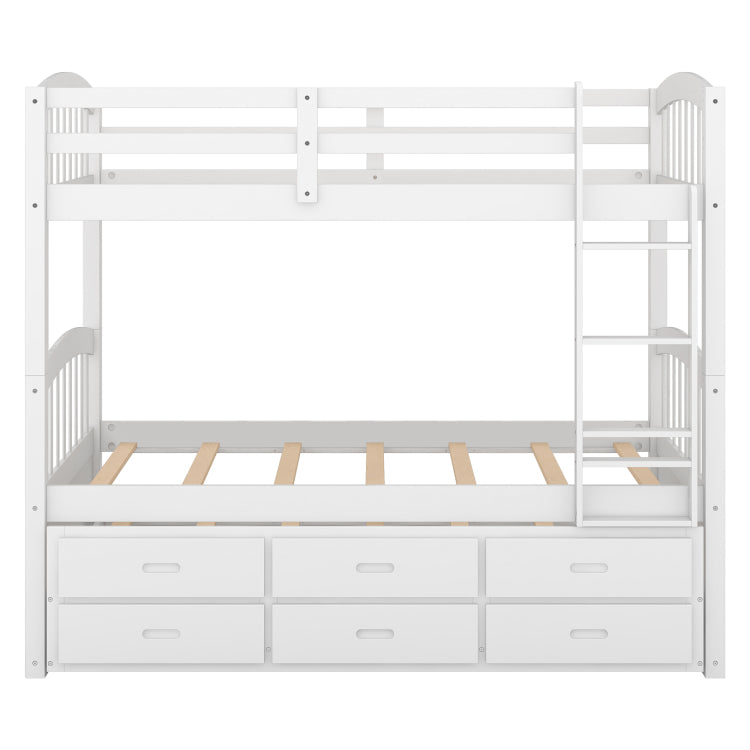 Twin Over Twin Wood Bunk Bed With Trundle And Drawers,White