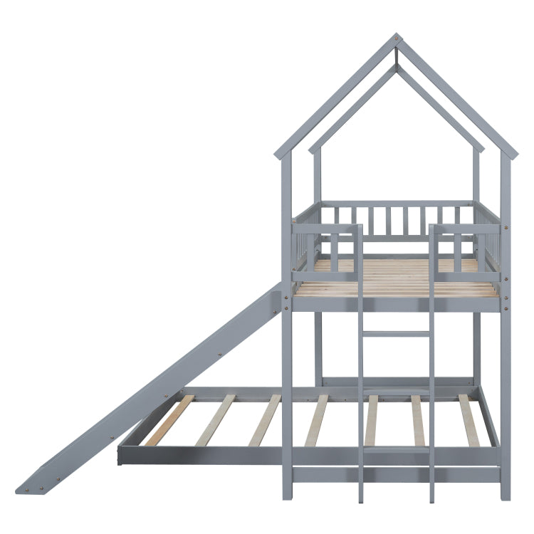 Twin Over Full House Bunk Bed With Slide And Built In Ladder, Full Length Guardrail, Gray