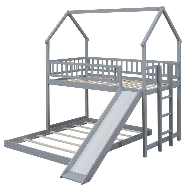 Twin Over Full House Bunk Bed With Slide And Built In Ladder, Full Length Guardrail, Gray