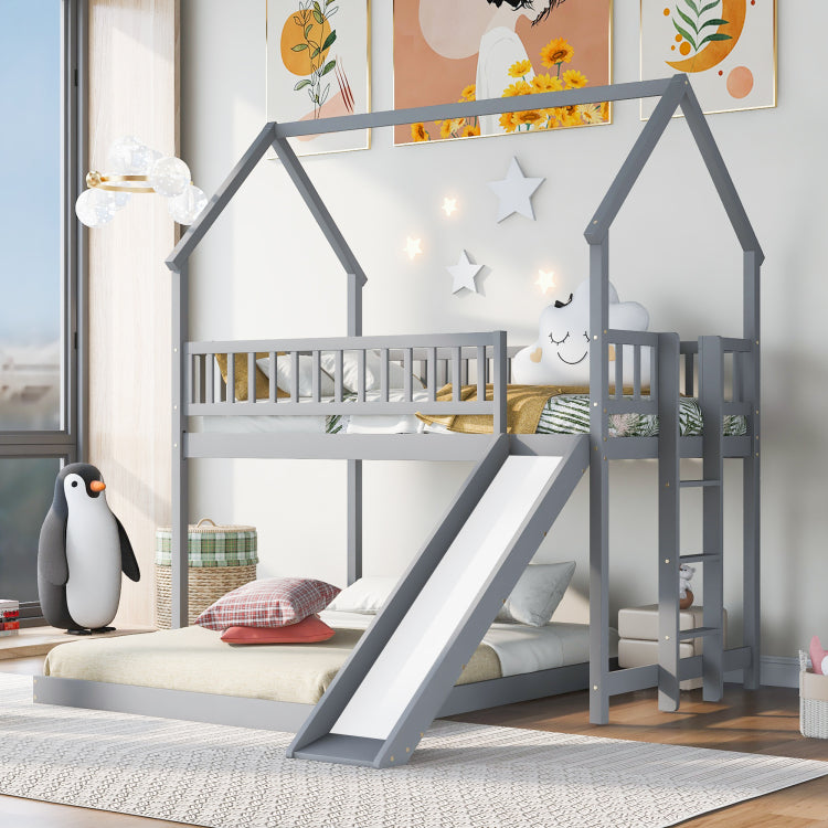 Twin Over Full House Bunk Bed With Slide And Built In Ladder, Full Length Guardrail, Gray