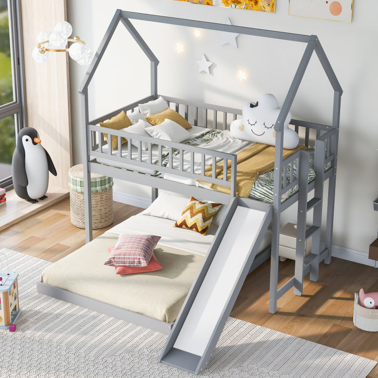 Twin Over Full House Bunk Bed With Slide And Built In Ladder, Full Length Guardrail, Gray