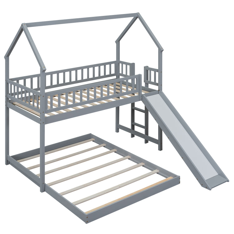 Twin Over Full House Bunk Bed With Slide And Built In Ladder, Full Length Guardrail, Gray
