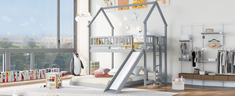 Twin Over Full House Bunk Bed With Slide And Built In Ladder, Full Length Guardrail, Gray