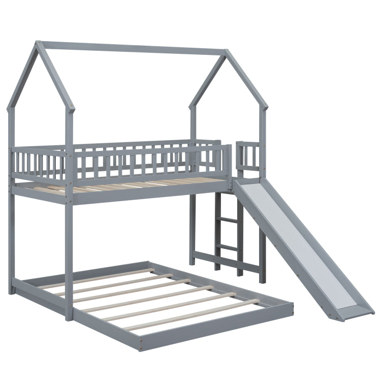 Twin Over Full House Bunk Bed With Slide And Built In Ladder, Full Length Guardrail, Gray