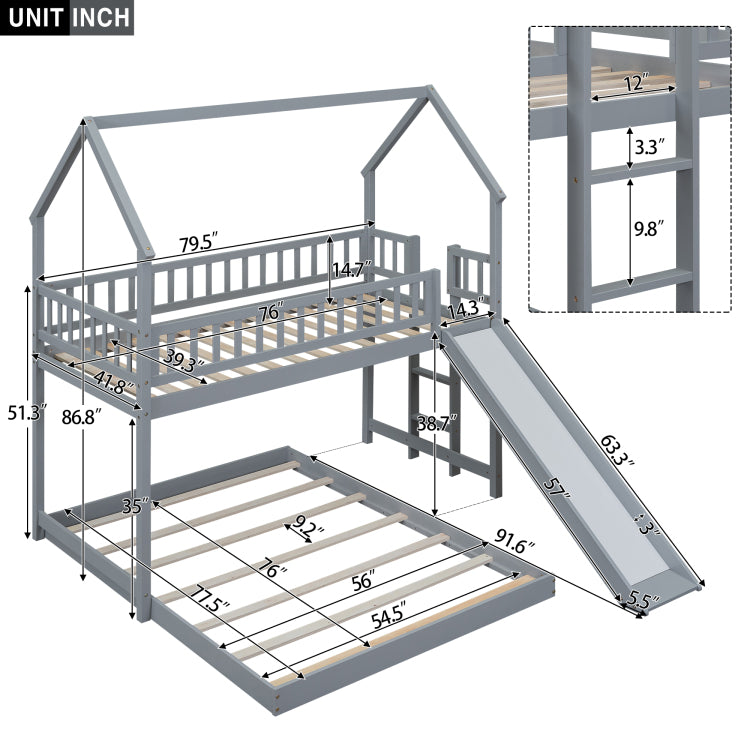 Twin Over Full House Bunk Bed With Slide And Built In Ladder, Full Length Guardrail, Gray