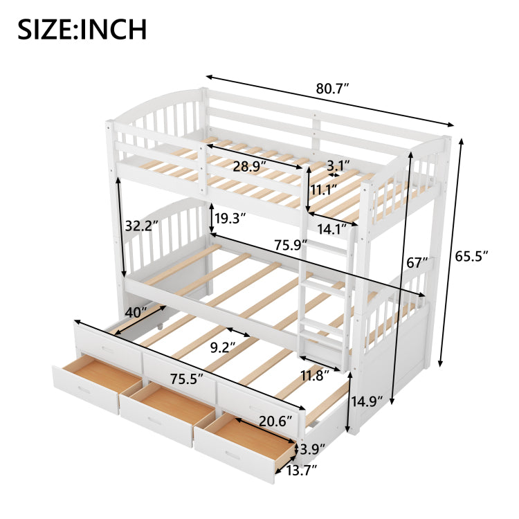Twin Over Twin Wood Bunk Bed With Trundle And Drawers,White
