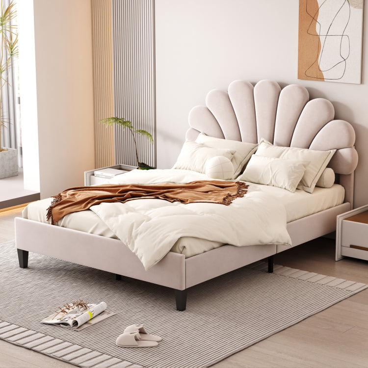 Full Size Upholstered Platform Bed With Flower Pattern Velvet Headboard, Beige