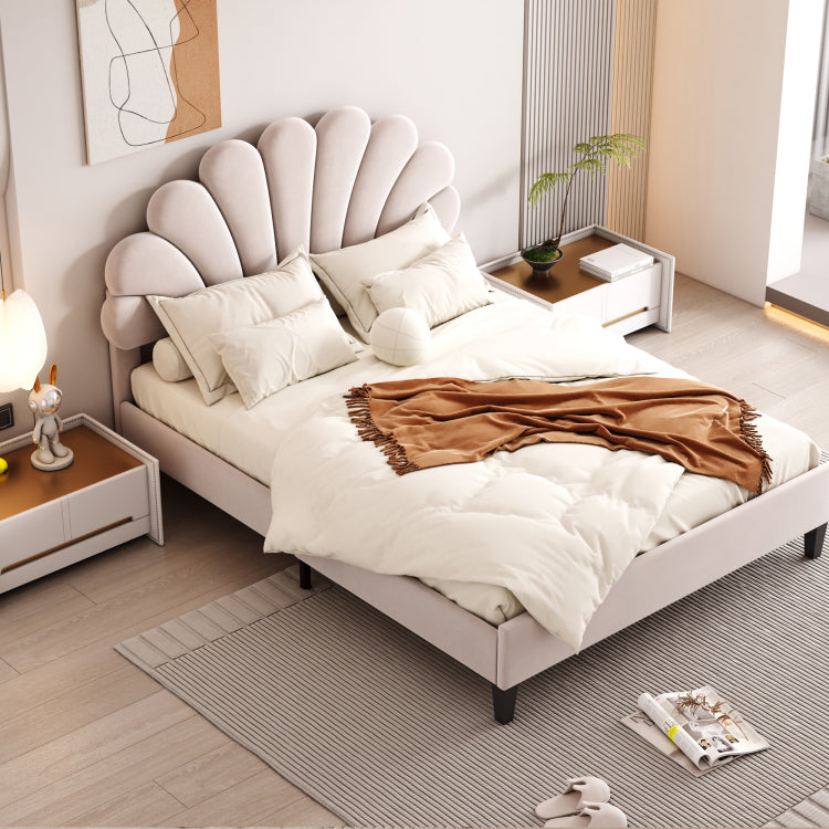 Full Size Upholstered Platform Bed With Flower Pattern Velvet Headboard, Beige