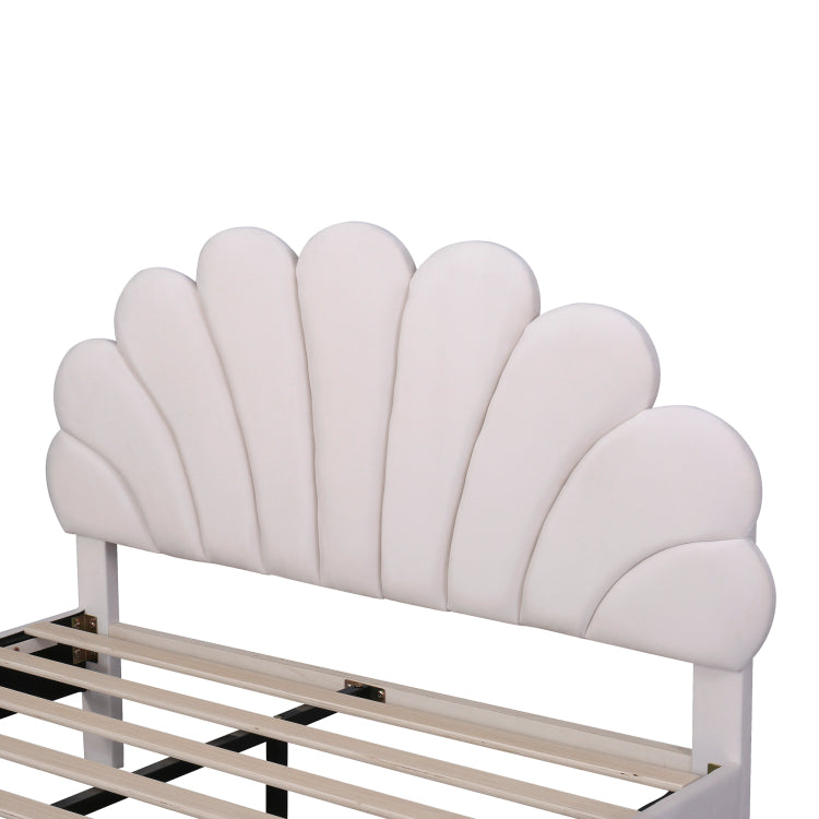 Full Size Upholstered Platform Bed With Flower Pattern Velvet Headboard, Beige