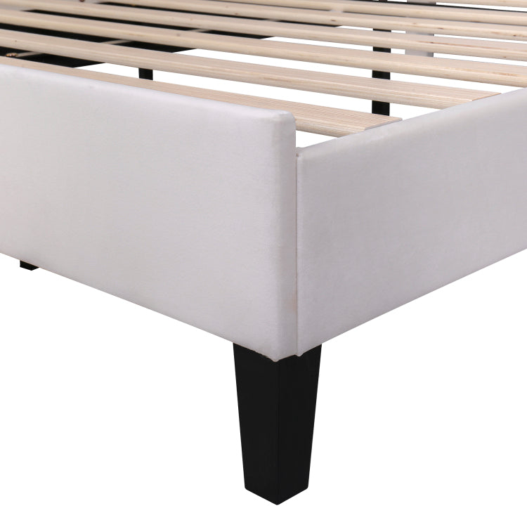 Full Size Upholstered Platform Bed With Flower Pattern Velvet Headboard, Beige