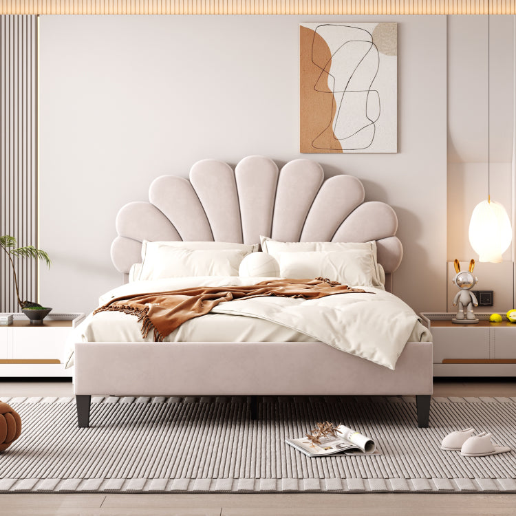 Full Size Upholstered Platform Bed With Flower Pattern Velvet Headboard, Beige