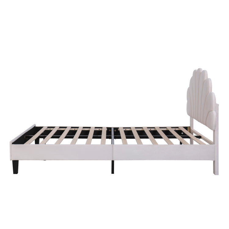 Full Size Upholstered Platform Bed With Flower Pattern Velvet Headboard, Beige