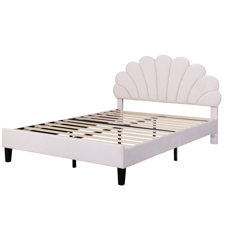 Full Size Upholstered Platform Bed With Flower Pattern Velvet Headboard, Beige