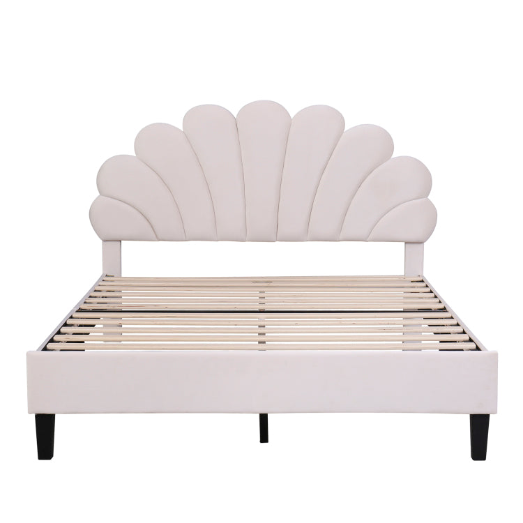 Full Size Upholstered Platform Bed With Flower Pattern Velvet Headboard, Beige