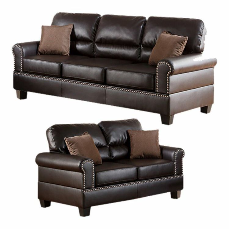Espresso Faux Leather 2Pc Sofa Set Sofa And Loveseat Elegant Plush Contemporary Couch Living Room Furniture