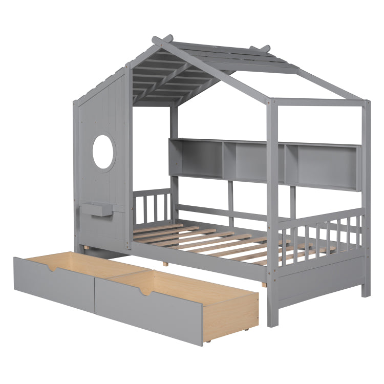 Wooden Twin Size House Bed With 2 Drawers,Kids Bed With Storage Shelf, Gray Old Sku: Hl000051Aae