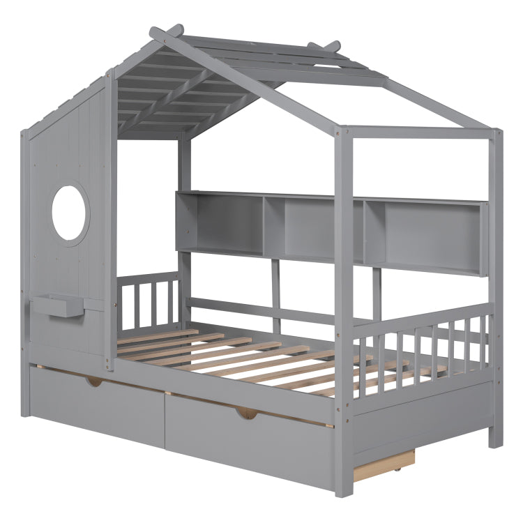 Wooden Twin Size House Bed With 2 Drawers,Kids Bed With Storage Shelf, Gray Old Sku: Hl000051Aae