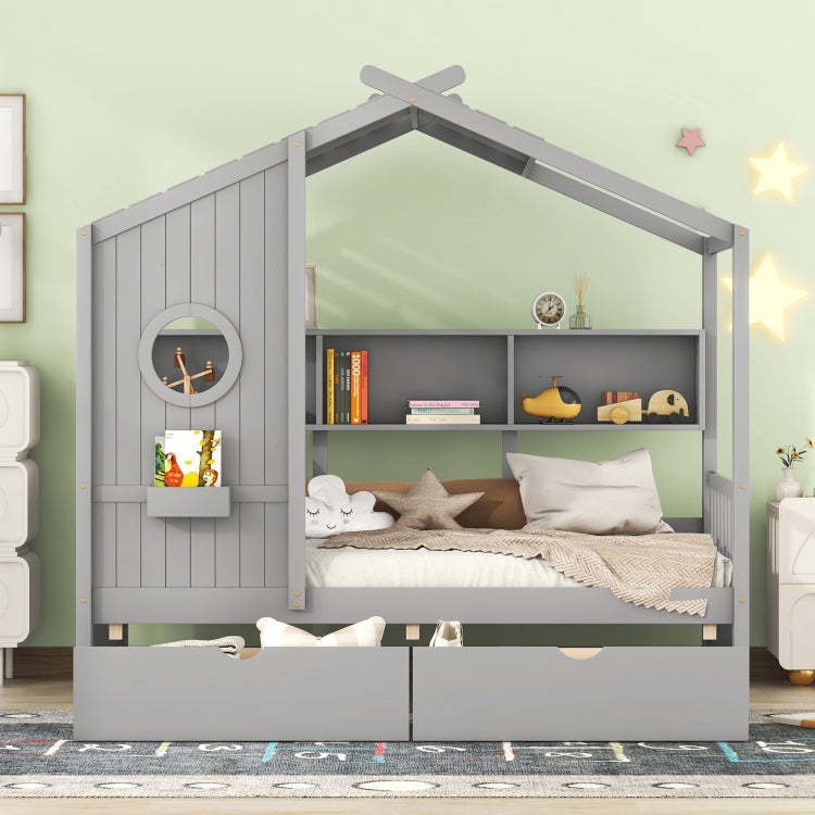 Wooden Twin Size House Bed With 2 Drawers,Kids Bed With Storage Shelf, Gray Old Sku: Hl000051Aae