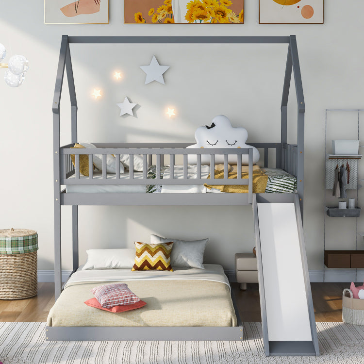 Twin Over Full House Bunk Bed With Slide And Built In Ladder, Full Length Guardrail, Gray