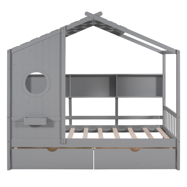 Wooden Twin Size House Bed With 2 Drawers,Kids Bed With Storage Shelf, Gray Old Sku: Hl000051Aae