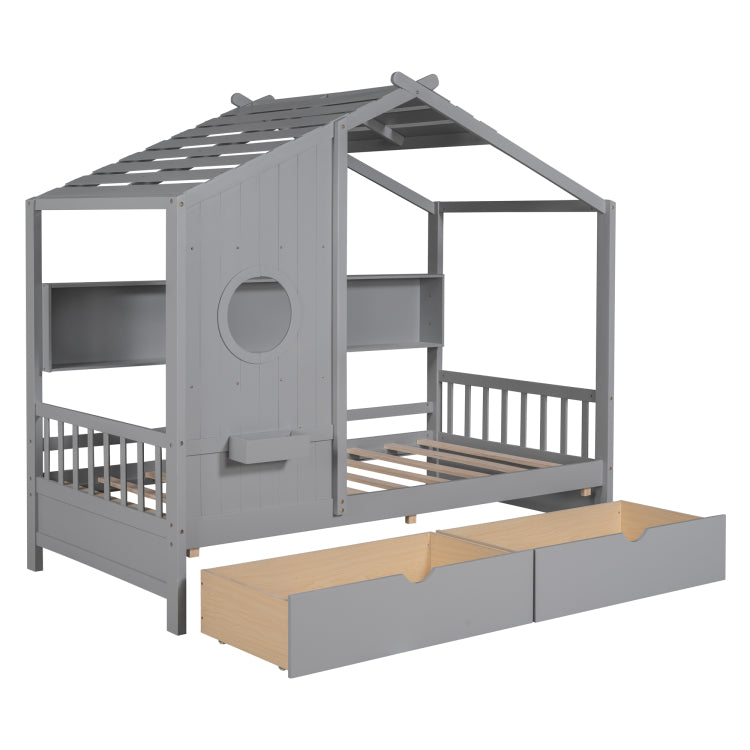 Wooden Twin Size House Bed With 2 Drawers,Kids Bed With Storage Shelf, Gray Old Sku: Hl000051Aae