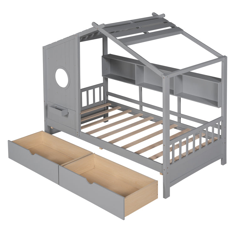 Wooden Twin Size House Bed With 2 Drawers,Kids Bed With Storage Shelf, Gray Old Sku: Hl000051Aae