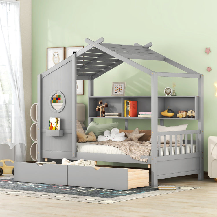 Wooden Twin Size House Bed With 2 Drawers,Kids Bed With Storage Shelf, Gray Old Sku: Hl000051Aae
