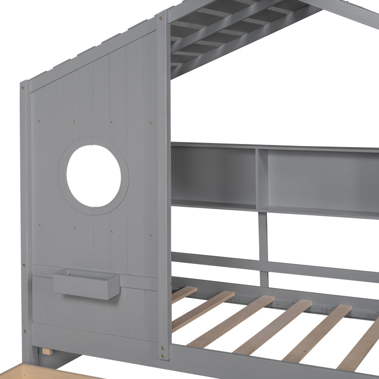 Wooden Twin Size House Bed With 2 Drawers,Kids Bed With Storage Shelf, Gray Old Sku: Hl000051Aae