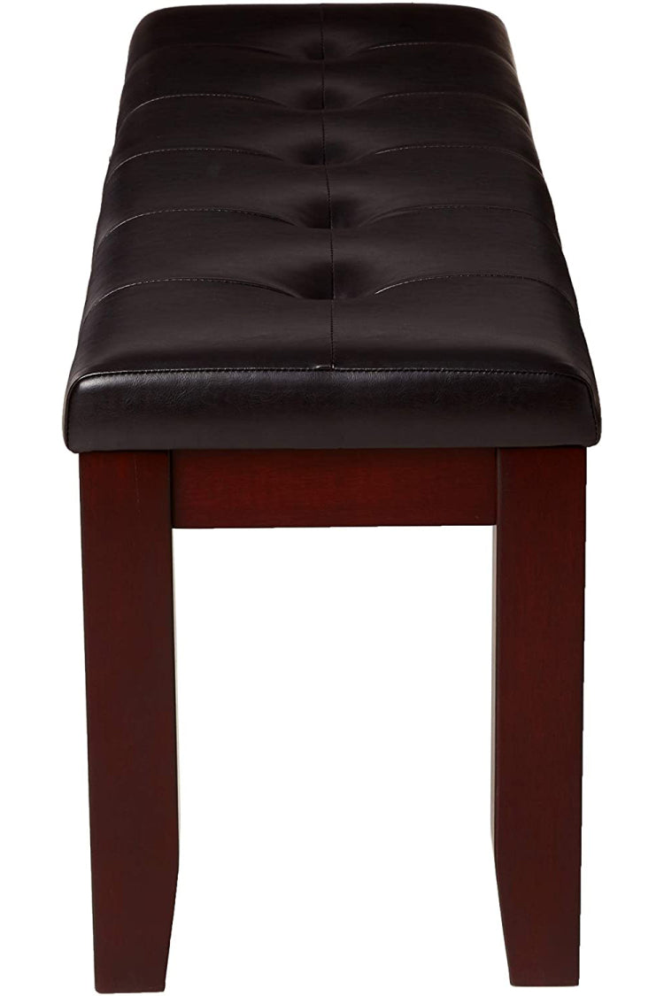1Pc Modern Bench With Leather Look Seat Tufted Upholstery Tapered Wood Legs Bedroom Living Room Furniture Cherry Brown Finish