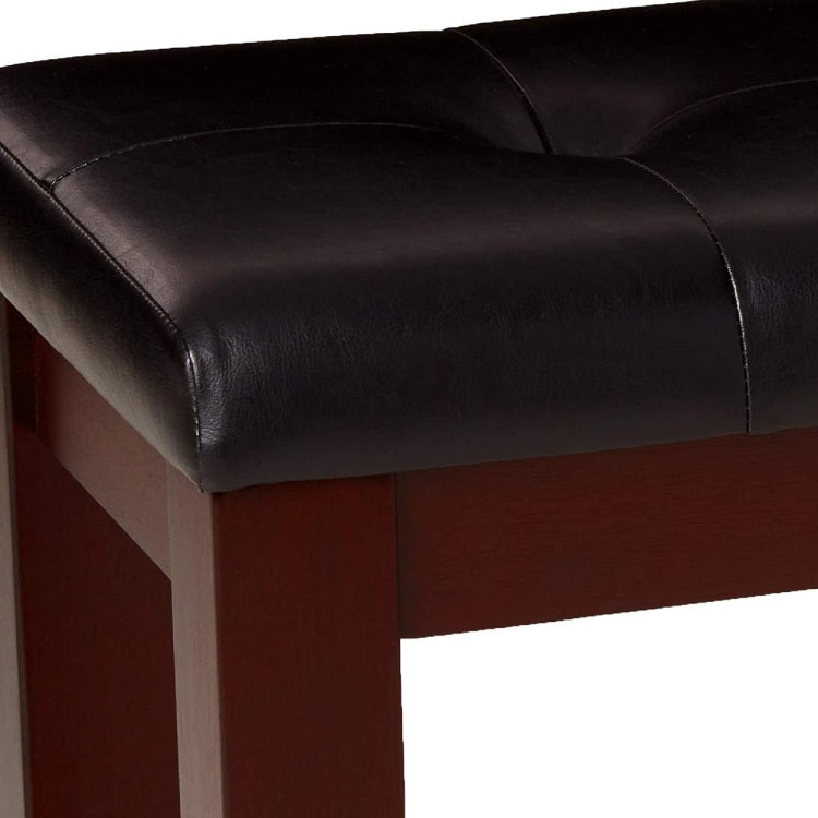 1Pc Modern Bench With Leather Look Seat Tufted Upholstery Tapered Wood Legs Bedroom Living Room Furniture Cherry Brown Finish