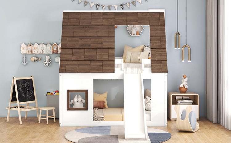 Wood Twin Size House Bunk Bed With Roof, Ladder And Slide, White Brown